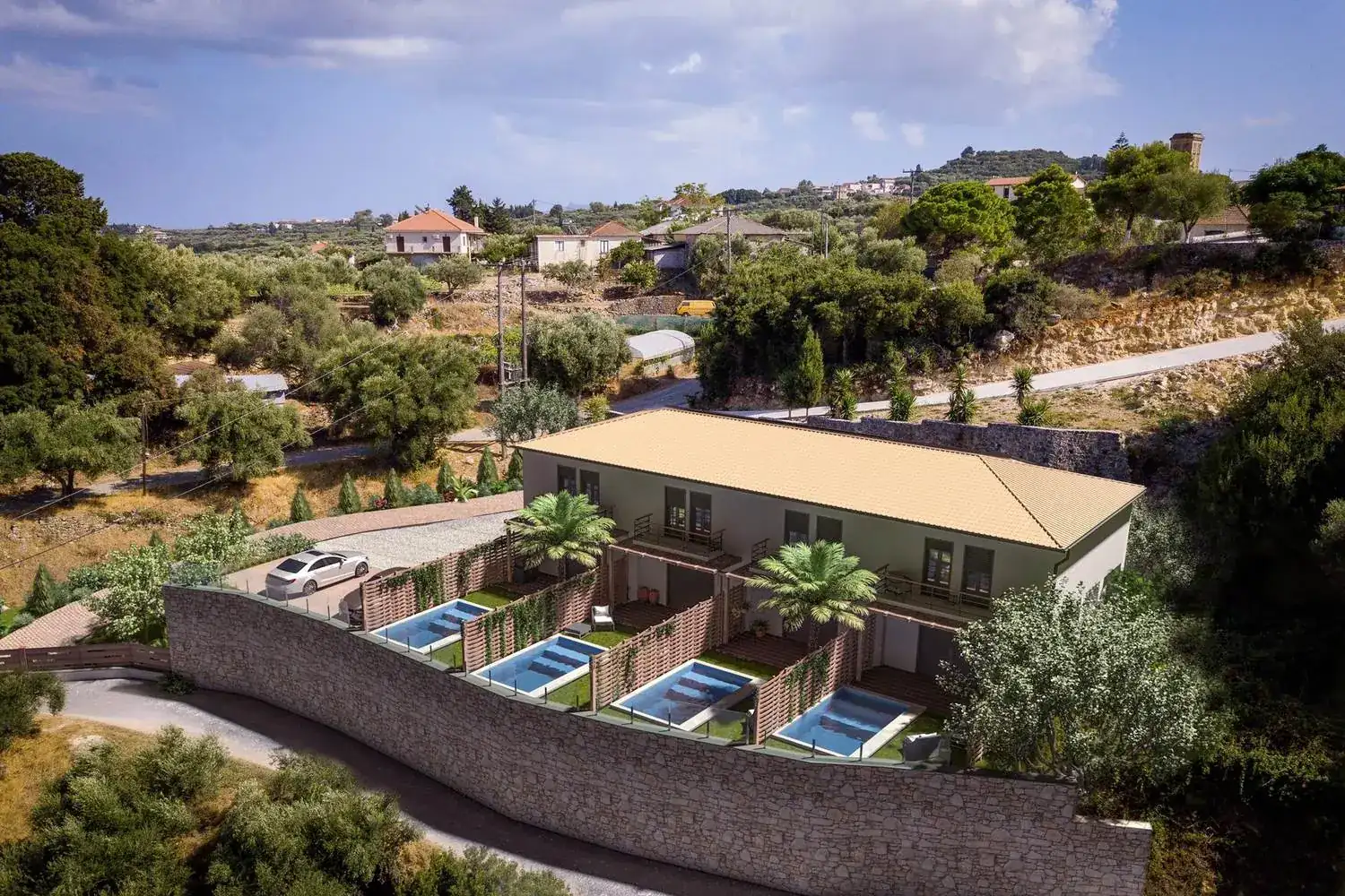 Veduta aerea del terreno Ela Home a Kypseli, Zante, con le quattro piscine private
