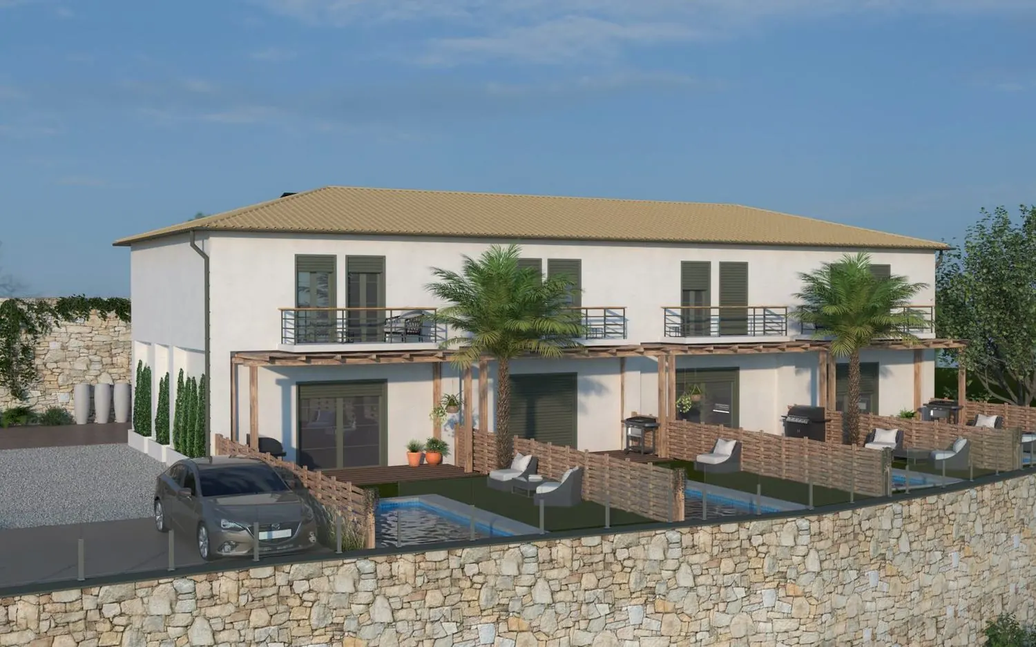 Render architettonico delle quattro villette Ela Home con piscina privata, Kypseli, Zante